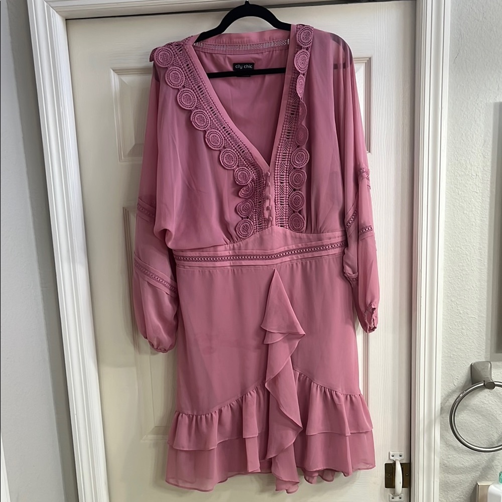 City Chic Pink Ruffled Wrap Dress with Bishop Sleeves